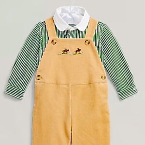 NWT Ralph Lauren Boys Green White Striped long Sleeve Button Down Shirt 24M